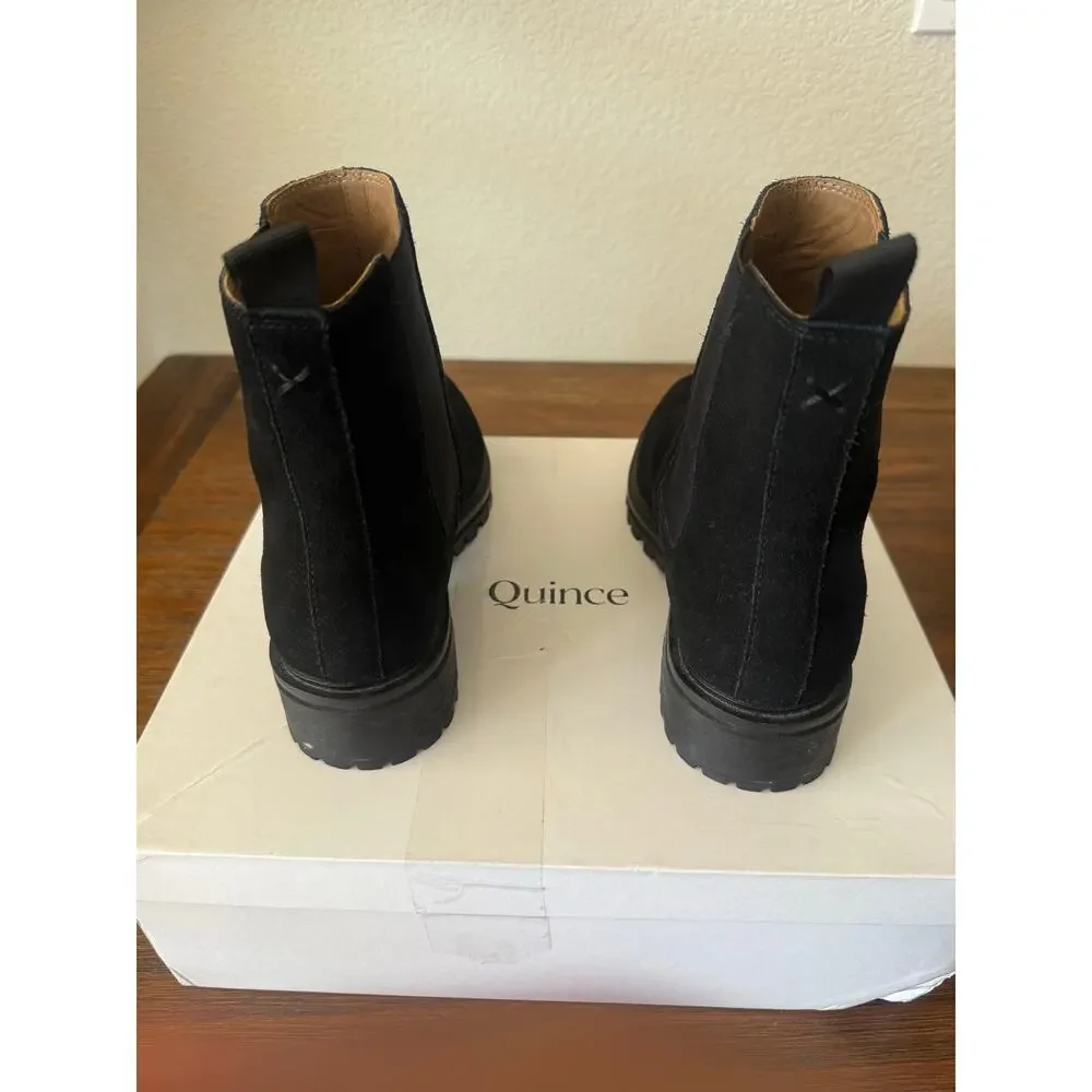 Quince Black Suede Leather Chelsea Ankle Boots Lug Sole Pointed Toe Classic 8